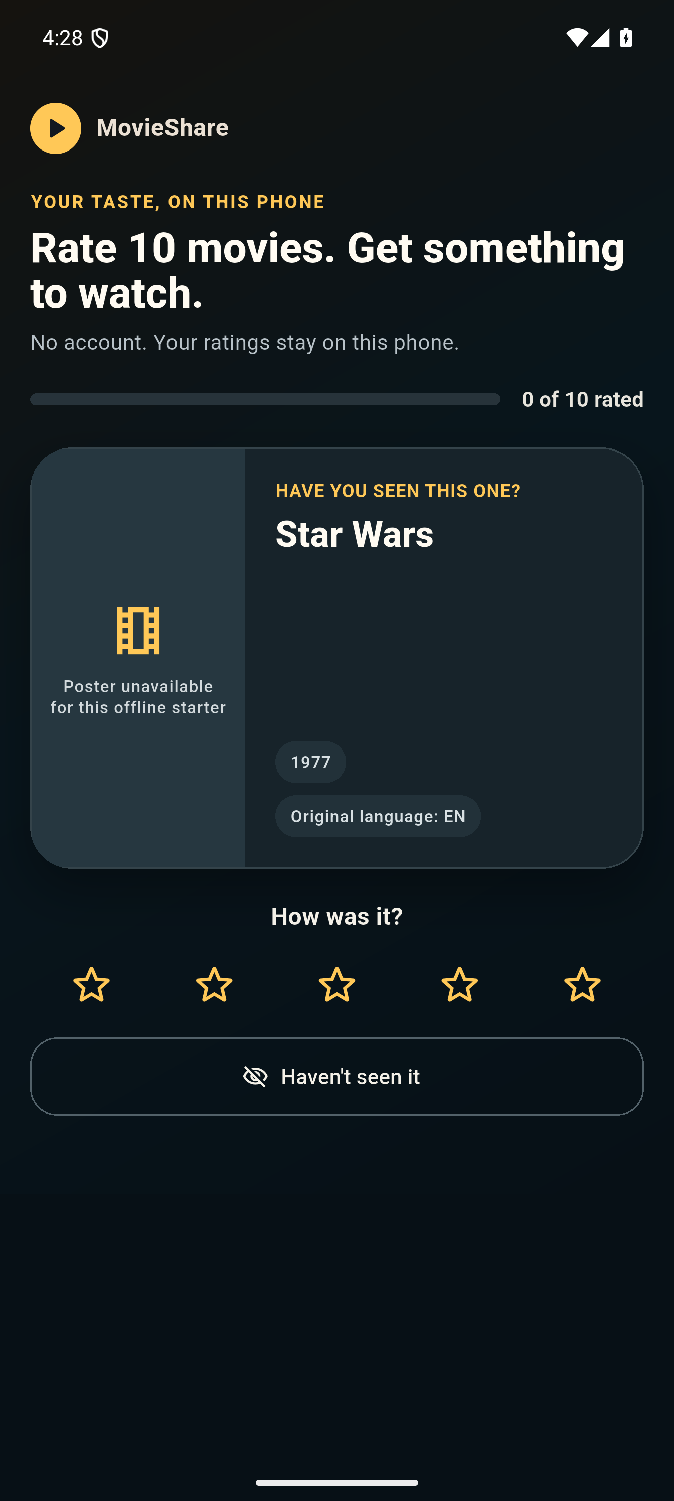MovieShare onboarding screen asking for a movie rating