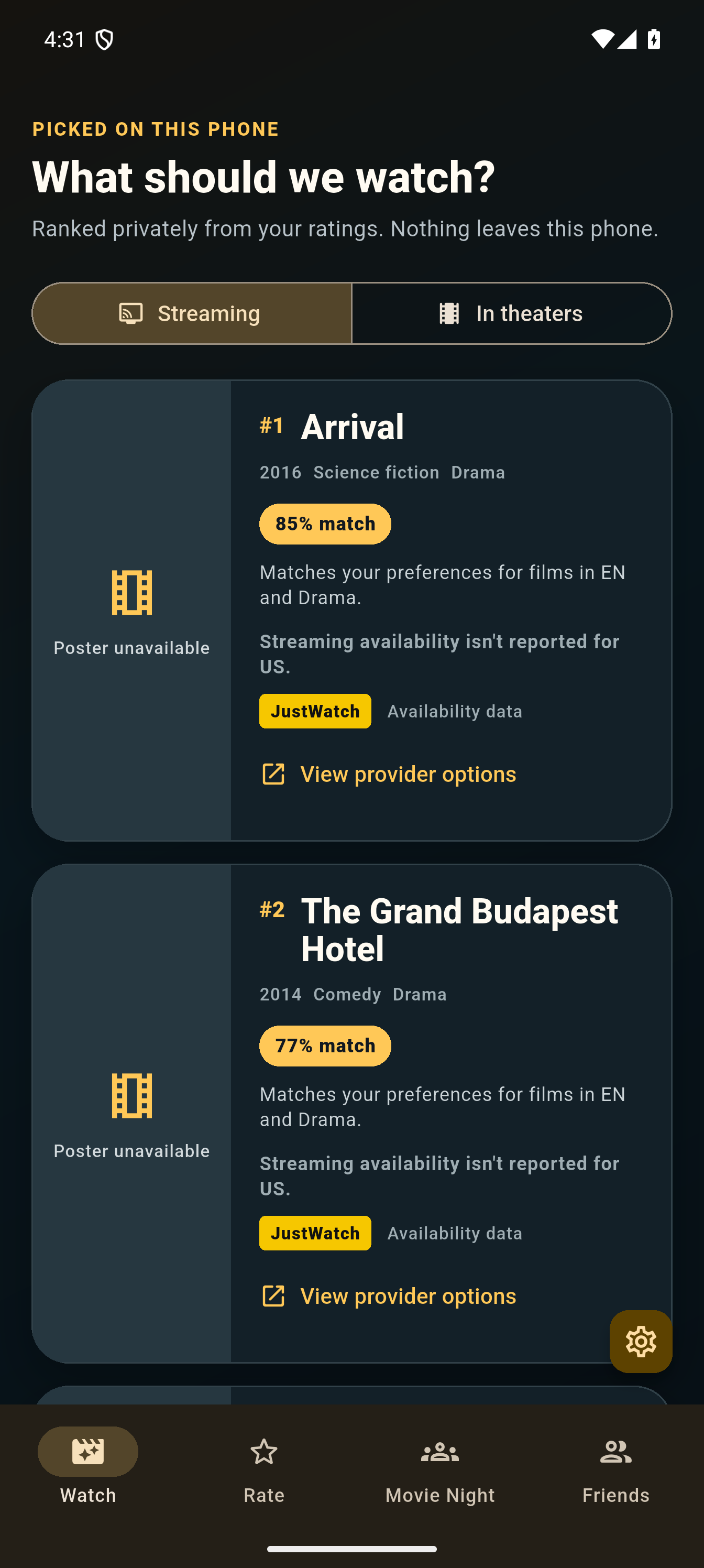 MovieShare Watch screen with private local recommendations